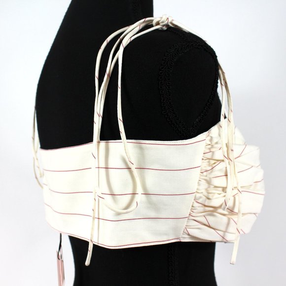 Orseund Iris Cha Cha Ivory Red Stripe Pleated Poplin Tie Front Bra Top NEW L - Picture 3 of 9